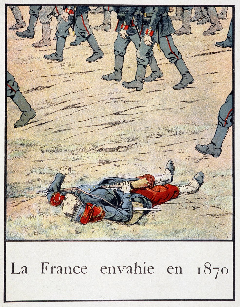 Ranska hyökkäsi vuonna 1870 (taistelukentällä kuollut sotilas) - Jacques Bainvillen kirjassa Petite histoire de France, toim. Harja tekijältä pseudonym for Onfray de Breville Jacques Job