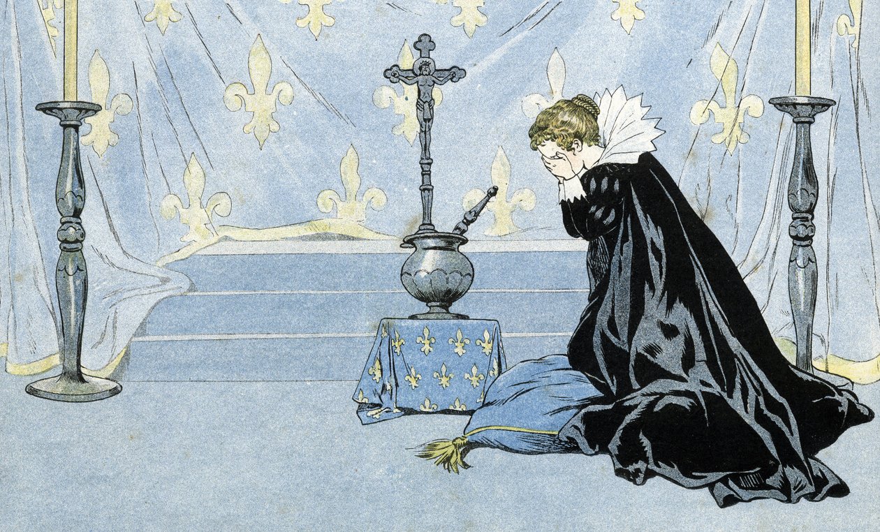 Ranska, jota edustaa musta viitta pukeutunut nainen, suree kuningas Henrik IV:n (1553-1610) kuolemaa. teoksessa "Ranska, hänen tarinansa kertoi G. Montorgueil, kuvannut Job" 1896. Yksityinen kokoelma. tekijältä pseudonym for Onfray de Breville Jacques Job