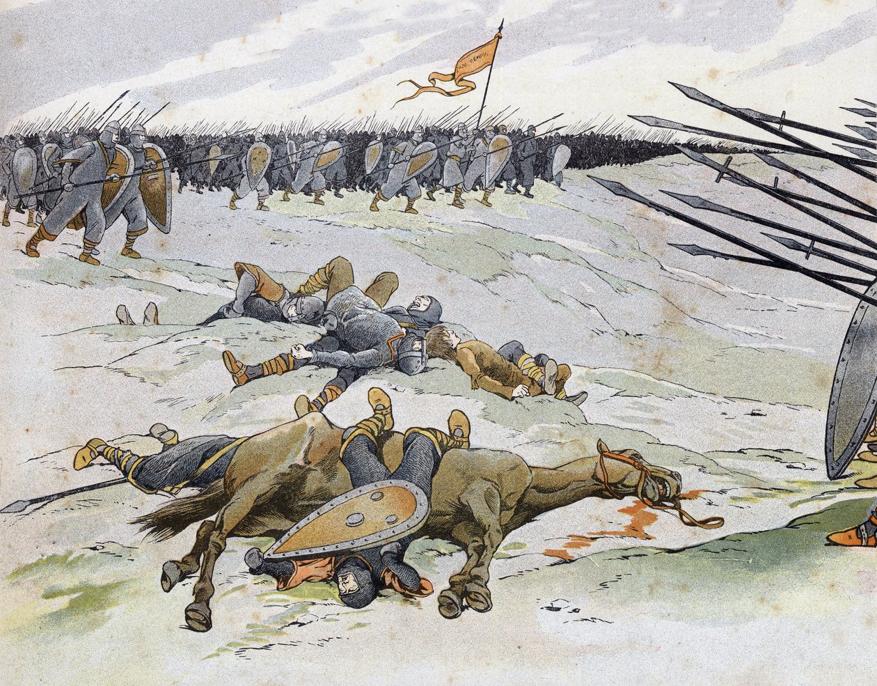 Ranskan ja Englannin sota (1202-1214): Sotilaat, jotka kuolivat Bouvinesin taistelussa 27.7.1214, joka vastusti Philippe Augusten ranskalaista armeijaa Othon IV:n flaamilaisia ja Welfiä vastaan. teoksessa "Ranska, sen tarinan kertoi G. Montorgueil, kuva Jo tekijältä pseudonym for Onfray de Breville Jacques Job