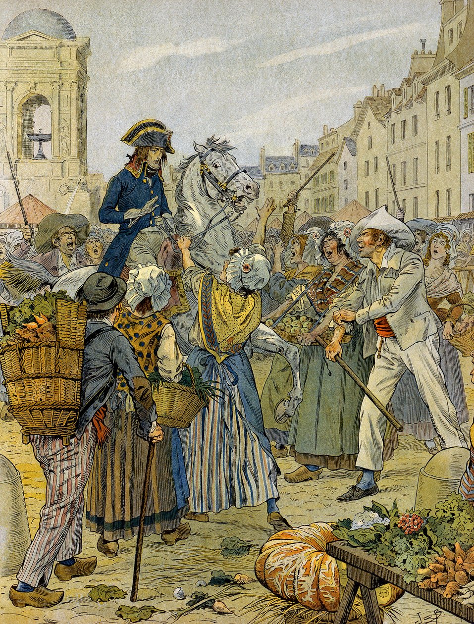 Ranskan vallankumous 1789: Napoleon I Bonaparte (1769-1821) asettui vallankumouksellisen väestön puolelle ja ilman pikkuhousuja (ilman pikkuhousuja) Les Hallesissa. Kuvitus: Jacques Marie Gaston Onfray de Breville dit JOB (1858-1931). Yksityinen kokoelma tekijältä pseudonym for Onfray de Breville Jacques Job