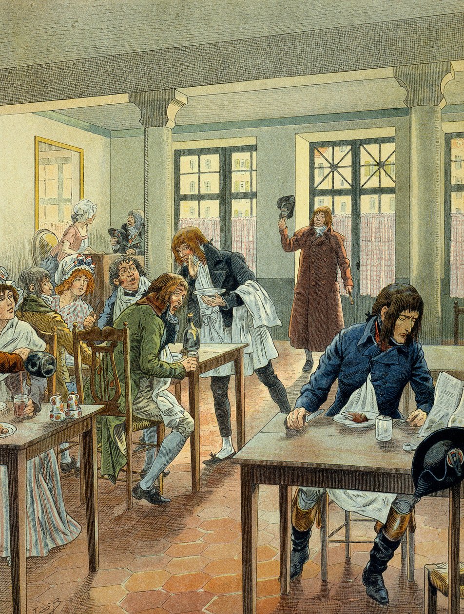 Ranskan vallankumous 1789: Napoleon I Bonaparte (1769-1821) nuori gargotier Justatissa, rue des petits peres (Petits-Peres) -kadulta Pariisissa, pienennetty yhdeksi ruokalajiksi, josta hän maksoi 6 annoksen alla. Kuvitus: Jacques Marie Gaston Onfray de tekijältä pseudonym for Onfray de Breville Jacques Job