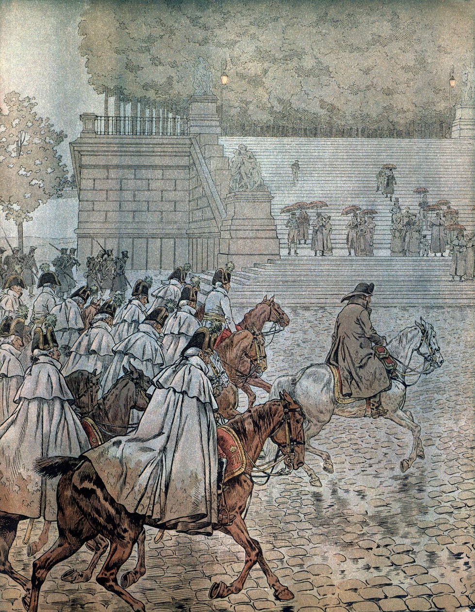 Saksan kampanja vuonna 1813: Napoleon I Bonaparte (1769-1821) ja hänen kenraaliesikuntansa (Staff) palasivat Dresdeniin voitettuaan taistelun 26. ja 27. elokuuta. Georges Montorgueilin teoksessa "Napoleon". Kuvitus: Jacques Marie Gaston Onfray de Breville, tekijältä pseudonym for Onfray de Breville Jacques Job