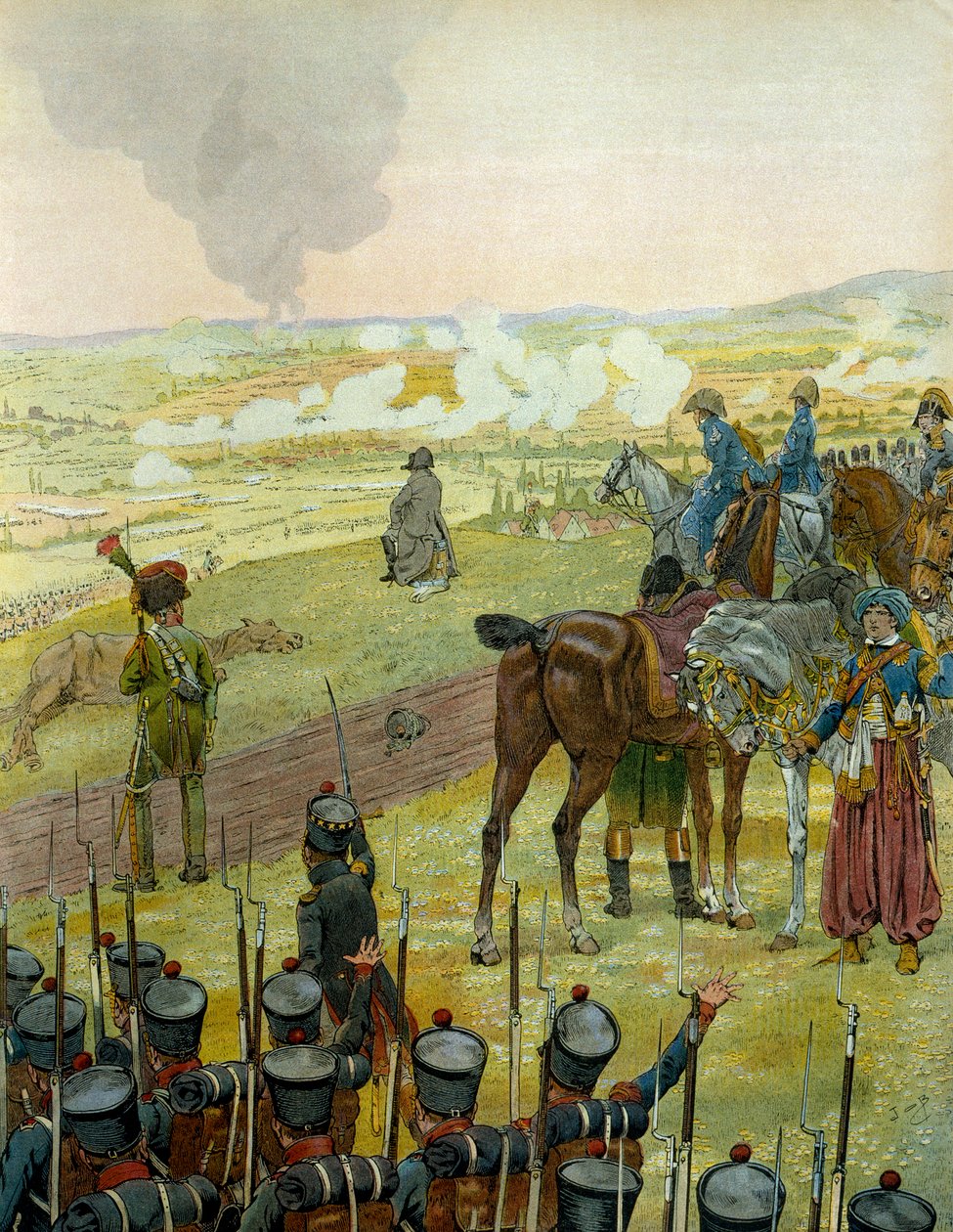 Saksan kampanja vuonna 1813: Napoleon I Bonaparte (1769-1821) istuu rummun selässä taistelustrategiaansa Bautzenin taistelun aikana 20. ja 21. toukokuuta 1813. Georges Montorgueilin teoksessa "Napoleon". Kuvitus: Jacques Marie Gaston Onfray de Brevill tekijältä pseudonym for Onfray de Breville Jacques Job