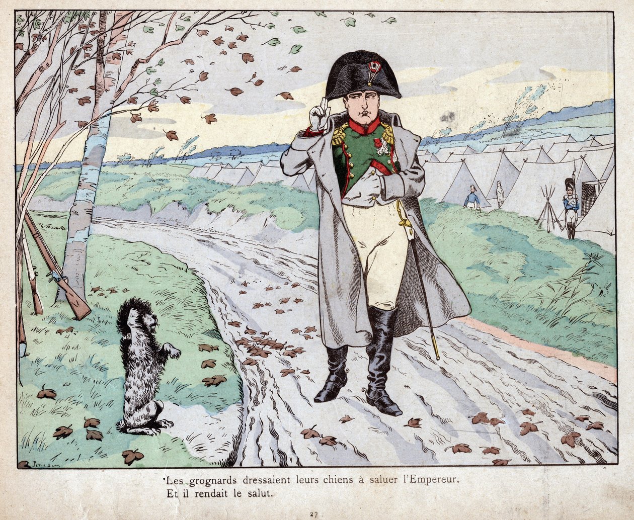 Grognards (Napoleon Bonaparten vanha vartija) koulutti koiransa tervehtimään keisaria - Jobin (Jacques Onfroy de Breville) litografia elokuvasta "" Le Grand Napoleon des Petites Enfants"" vuodelta 1893 tekijältä pseudonym for Onfray de Breville Jacques Job