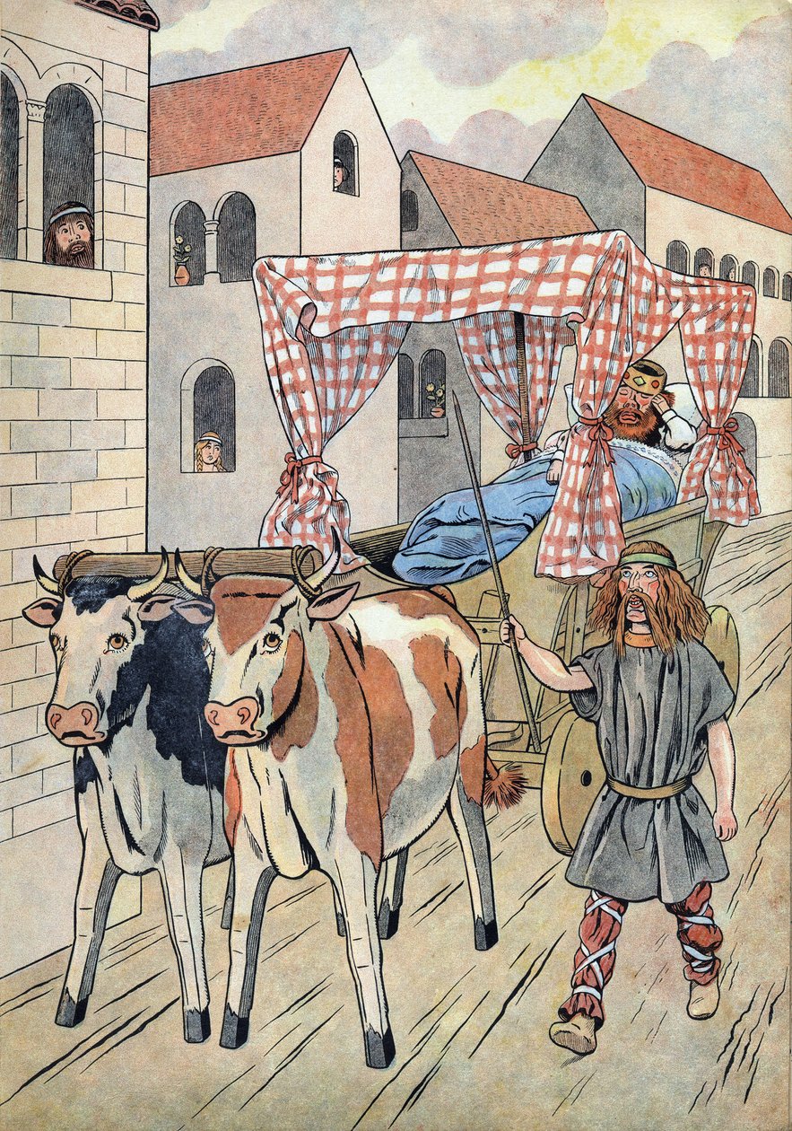 Ranskan historia. Kohtaus, joka kuvaa laiskoja kuninkaita leluissa: Ranskan kuningas Thierry III (673-691) kantaa säiliössä härän vetämää sänkyä. "" Joujoux a l
