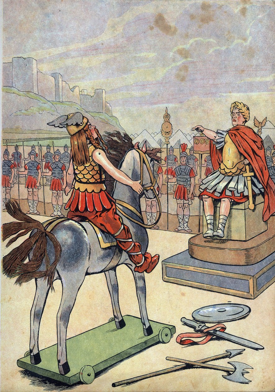 Ranskan historia. Kohtaus Rooman Galliasta leluineen: Gallialainen johtaja Vercingetorix (72-46 eKr.) menee roomalaisen päällikön Jules Cesarin (100-44 eKr.) luo Alesian taistelun jälkeen vuonna 52 eaa. elokuvassa "" Leikitään historiaa: Ranska kahden pien tekijältä pseudonym for Onfray de Breville Jacques Job