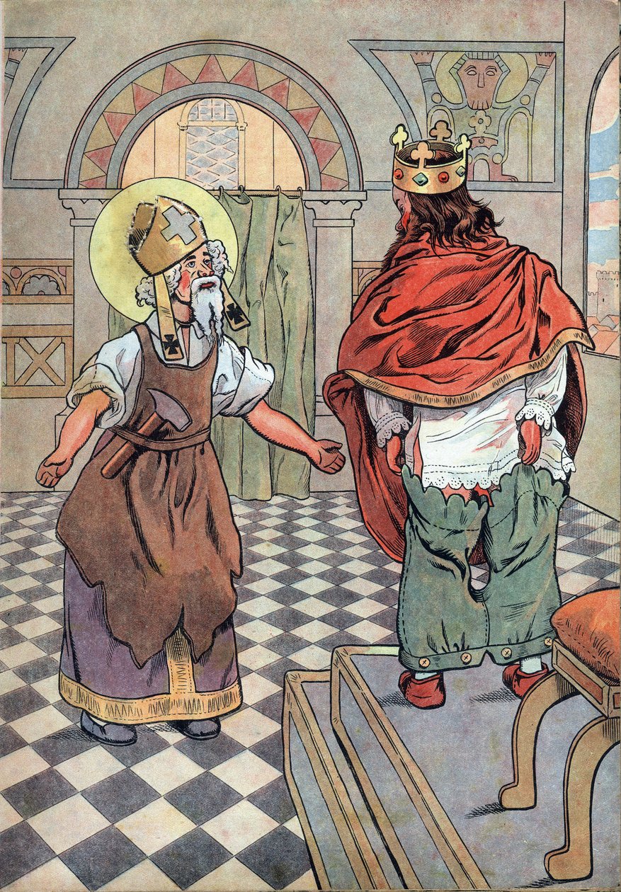 Ranskan historia. Kohtaus kuningas Dagobertin elämästä leluineen: Saint Eloi (v.588-659) huomauttaa Ranskan kuninkaalle Dagobert I:lle (602 tai 605-638 tai 639), että hänen housunsa olivat ylösalaisin (alushousut ylösalaisin). Teoksessa "" Joujoux a l