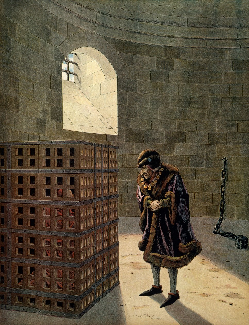 Ranskan historia keskiajalla (keskiajalla): kardinaali Jean Balue (1422-1491) vankina yhdessä Ranskan kuninkaan Ludvig XI:n kuuluisista häkeistä nimeltä Varovainen (1423-1483) Kuva Jacques Marie Gastonista Onfray de Breville dit TYÖ (1858-1931) tekijältä pseudonym for Onfray de Breville Jacques Job