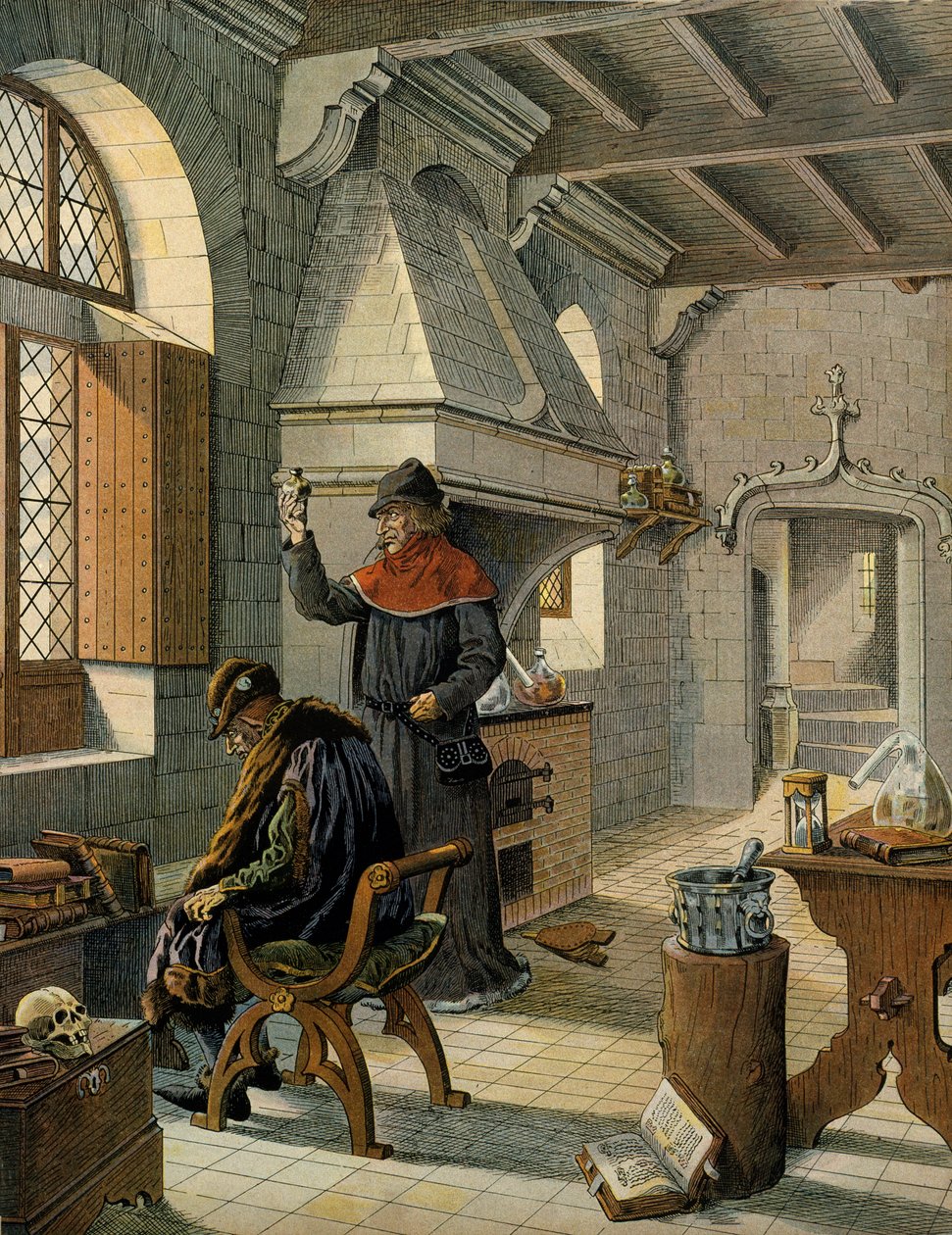 Ranskan historia keskiajalla (keskiaika): Jacques Coictier, Ranskan kuninkaan Ludvig XI:n ensimmäinen lääkäri nimeltä Varovainen (1423-1483), valmistelee hänelle lääkettä. Kuvitus: Jacques Marie Gaston Onfray de Breville dit JOB (1858-1931) tekijältä pseudonym for Onfray de Breville Jacques Job
