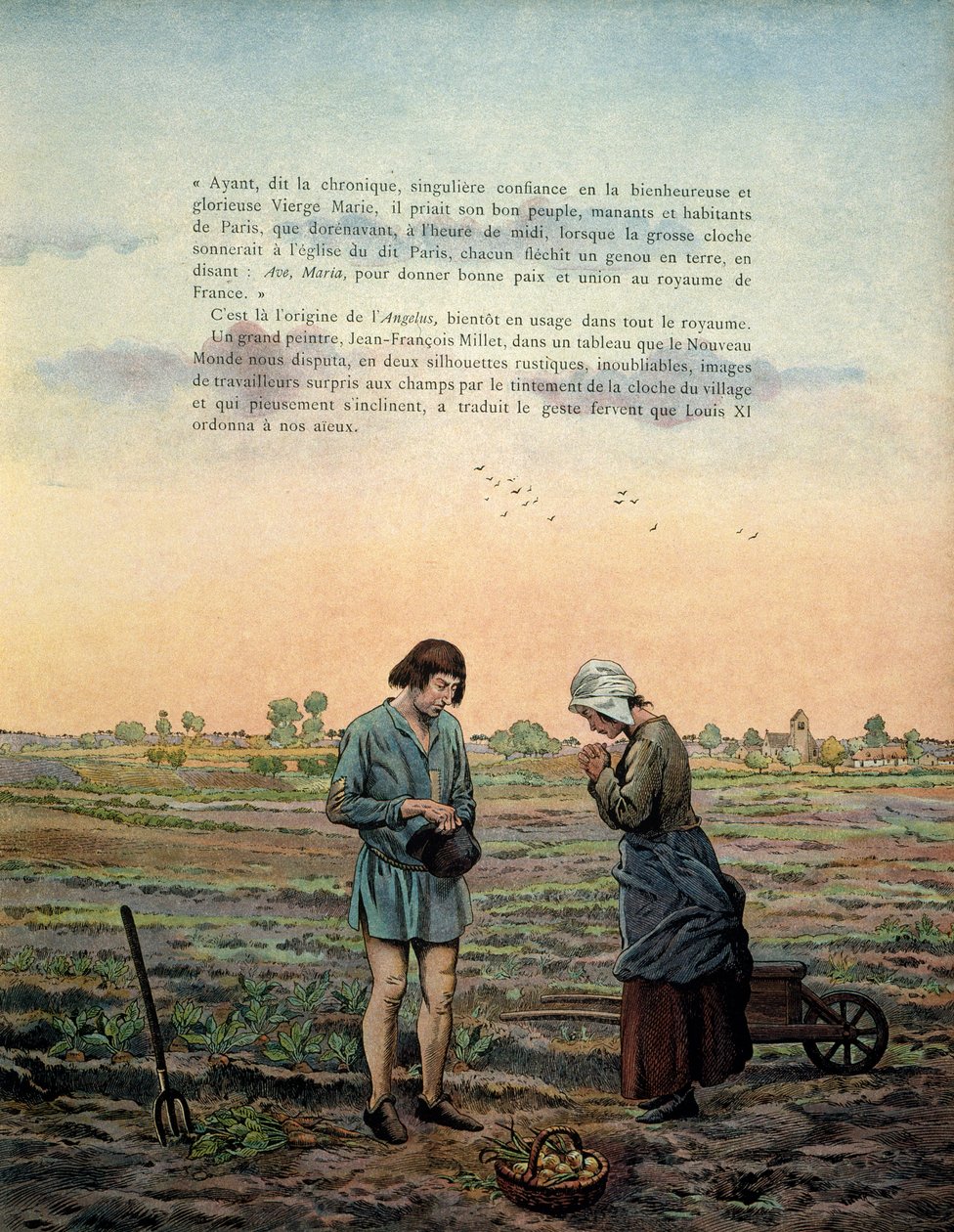 Ranskan historia keskiajalla (keskiaika): Kuningas Ludvig XI sanoo, että Varovainen (1423-1483) perustaa enkelin rukouksen. Kuvitus: Jacques Marie Gaston Onfray de Breville dit JOB (1858-1931) tekijältä pseudonym for Onfray de Breville Jacques Job