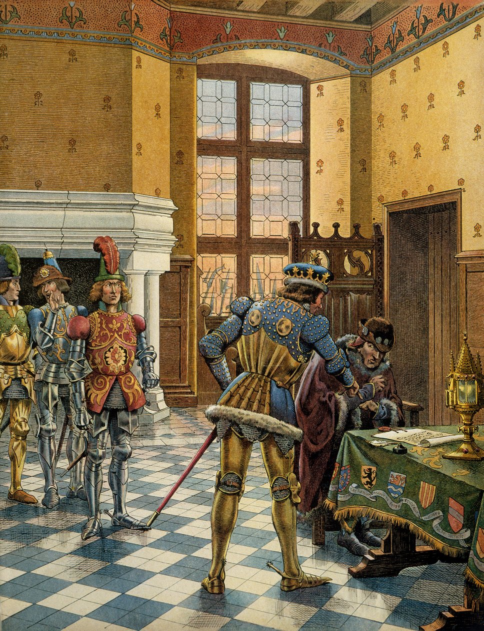 Ranskan historia keskiajalla (keskiaika): Peronnen haastattelu 9.–14. lokakuuta 1468 kuningas Ludvig XI:n välillä sanoi, että Varovainen (1423-1483) ja Charles Temeraire (1433-1477) Jacques Marie Gaston Onfrayn Brevillen kuvitus ns. JO tekijältä pseudonym for Onfray de Breville Jacques Job