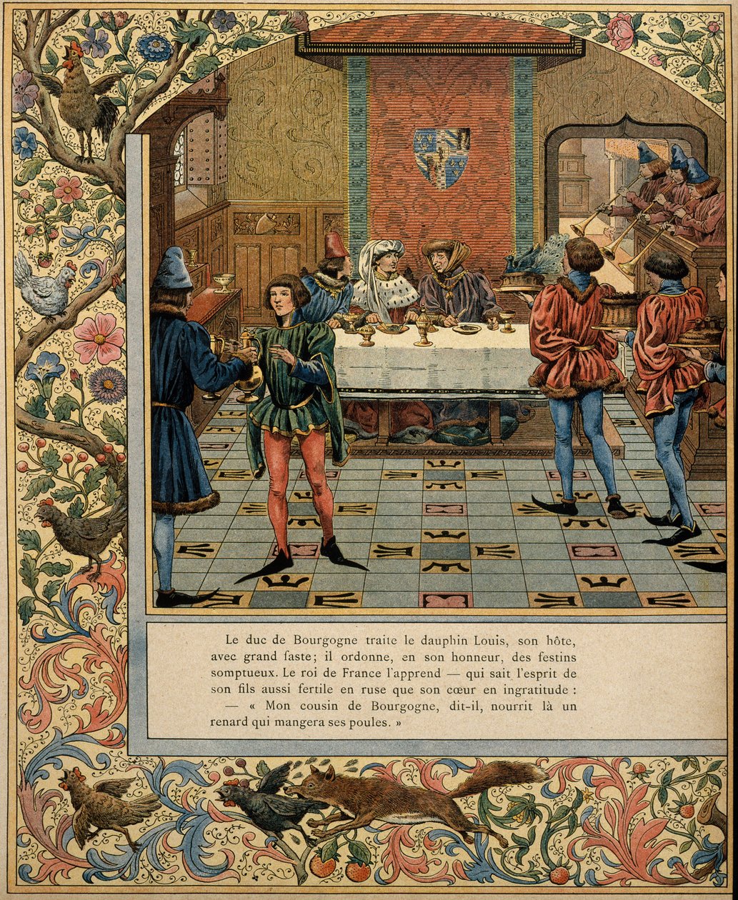 Ranskan historia keskiajalla (keskiaika): Burgundin herttualla Philippe Le Bonilla (1396-1467) on pöytä, jossa on hänen kutsunsa delfiini Louis (silloinen Ranskan kuningas Ludvig XI, joka tunnettiin varovaisena tekijältä pseudonym for Onfray de Breville Jacques Job
