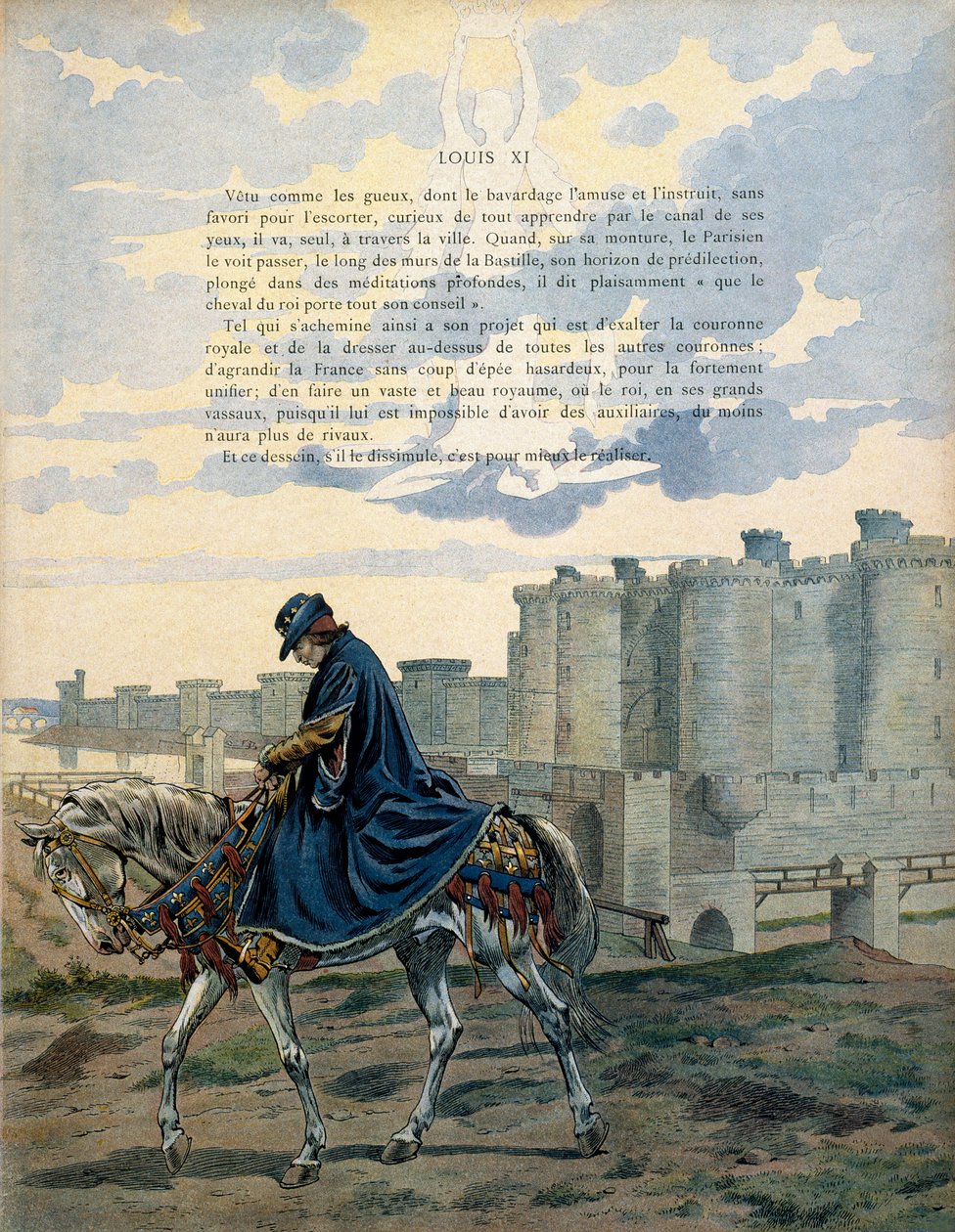 Ranskan historia keskiajalla (keskiaika): Ranskan kuningas Ludvig XI, nimeltään Varovainen (1423-1483), kävelee Pariisin kaduilla ja Bastillen vankilan edessä ilman koristelua tai saattajaa. Kuvitus: Jacques Marie Gaston Onfray tekijältä pseudonym for Onfray de Breville Jacques Job