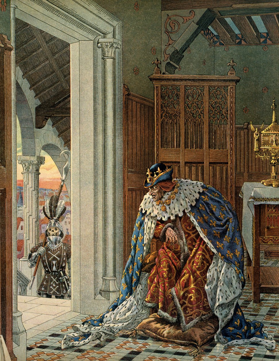 Ranskan historia keskiajalla (keskiaika): Ranskan kuningas Ludvig XI sanoo, että Varovainen (1423-1483) pelkää kuolemaa, joka tulee haarniskan kynnyksellä. Kuvitus: Jacques Marie Gaston Onfray de Breville dit JOB (1858-1931) tekijältä pseudonym for Onfray de Breville Jacques Job