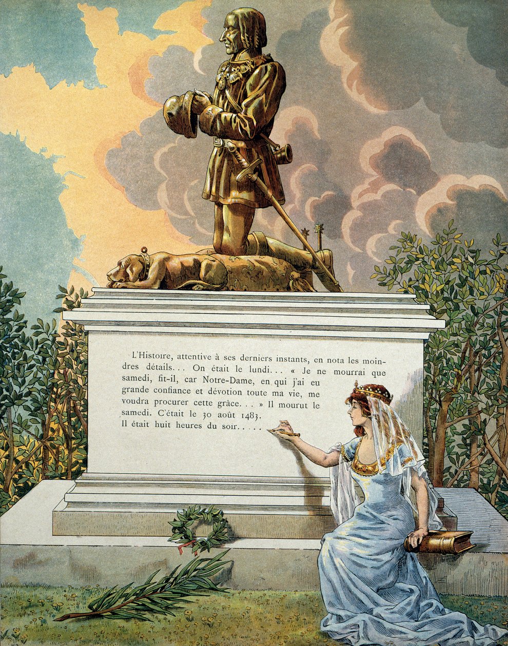 Ranskan historia keskiajalla (keskiaika): Ranskan kuninkaan Ludvig XI:n hauta nimeltä Varovainen (1423-1483) Notre Dame de Cleryssä (Notre-Dame-de-Clery), Loiren laaksossa. Kuvitus: Jacques Marie Gaston Onfray de Breville dit JOB (1858-1931) tekijältä pseudonym for Onfray de Breville Jacques Job