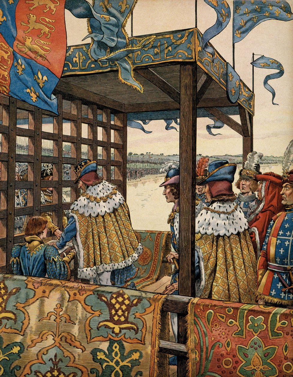 Ranskan historia keskiajalla (keskiaika): Ranskan kuninkaan Ludvig XI:n, joka tunnetaan nimellä Varovainen (1423-1483) ja Englannin Edward IV:n (1442-1483) tapaaminen Picquignyssä seitsemän vuoden pykälän allekirjoittamiseksi elokuun 29 päivänä tekijältä pseudonym for Onfray de Breville Jacques Job