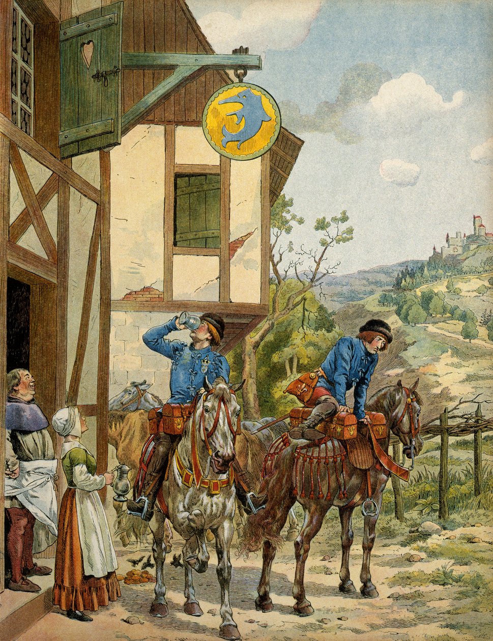 Ranskan historia keskiajalla (keskiaika): postipalvelu kuningas Ludvig XI:n hallinnon alaisuudessa nimeltään Varovainen (1423-1483). Horseback Postin asema majatalossa. Kuvitus: Jacques Marie Gaston Onfray de Breville dit JOB (1858-1931) tekijältä pseudonym for Onfray de Breville Jacques Job