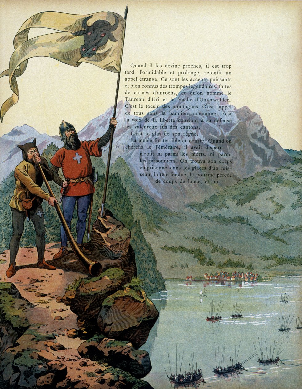 Ranskan historia keskiajalla: Burgundin herttuan Charles Temerairen (1433-1477) joukot saapuvat Sveitsin Vaudin maahan. Kuvitus: Jacques Marie Gaston Onfray de Breville dit JOB (1858-1931) tekijältä pseudonym for Onfray de Breville Jacques Job