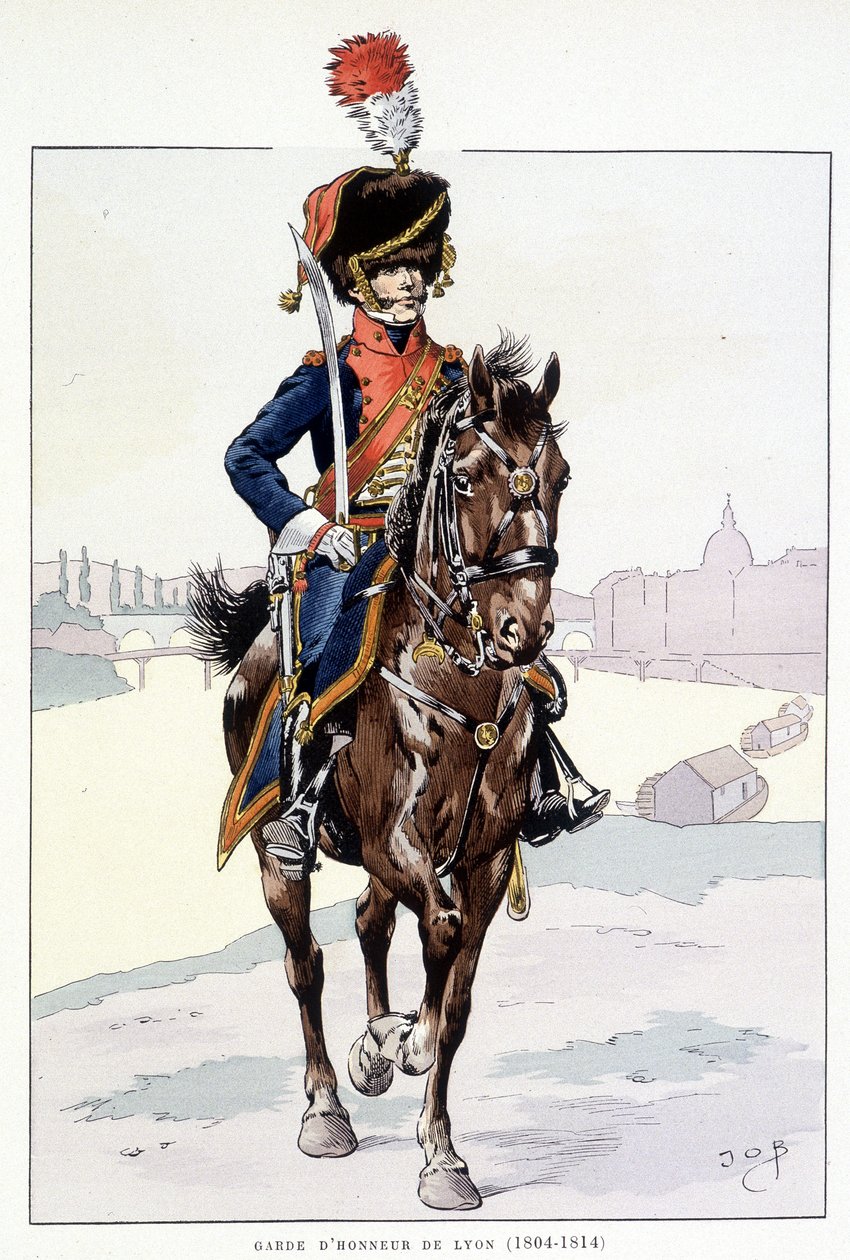 Lyonin kunniavartioston ratsastaja (1804-1814) - ""Ranskan joukkojen asu: Armee de terre et de mer à toutes les epoques"", ill. kirjoittanut Job tekijältä pseudonym for Onfray de Breville Jacques Job