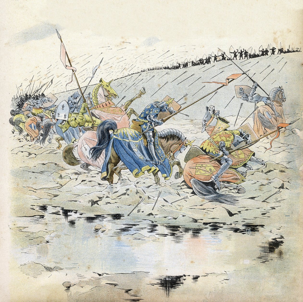 Satavuotinen sota: "" Azincourtin taistelu 25.10.1415"". Kuningas Henrik V:n (1387-1422) armeija voitti ranskalaiset joukot. teoksessa "Ranska, hänen tarinansa kertoi G. Montorgueil, kuva Job" 1896. Yksityinen kokoelma. tekijältä pseudonym for Onfray de Breville Jacques Job