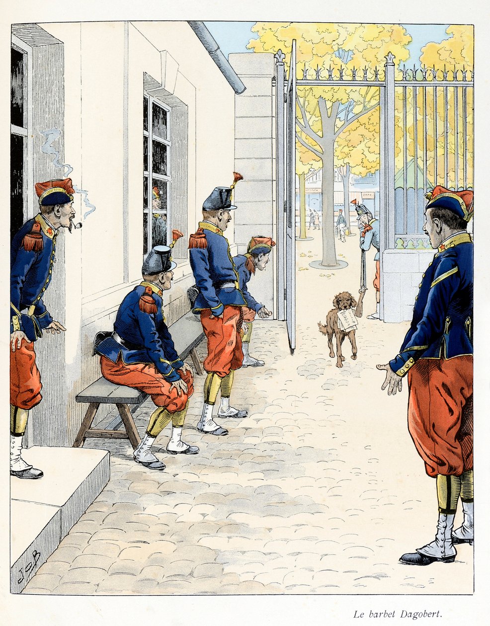 Kuvitus poimittu A Fabren "A la gloire des betes" -kirjasta, piirustukset Jacques Marie Gaston Onfray de Breville dit JOB (1858-1931), kustantaja Maison Alfred Mame et fils: The Barbet Dagobert (kasarmissa Pariisissa) ), Kokoelma osittainen tekijältä pseudonym for Onfray de Breville Jacques Job
