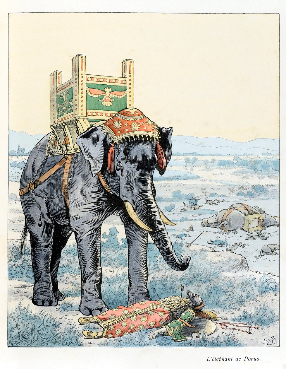 Kuvitus kirjasta "Pettojen kunniassa" teksti, kirjoittaja A Fabre, piirustukset Jacques Marie Gaston Onfray de Breville sanoo JOB (1858-1931), kustantaja Maison Alfred Mother and Son: The Elephant of Porus (At the Battle of Porus) Hydaspe). Vuonna 328 eKr. tekijältä pseudonym for Onfray de Breville Jacques Job