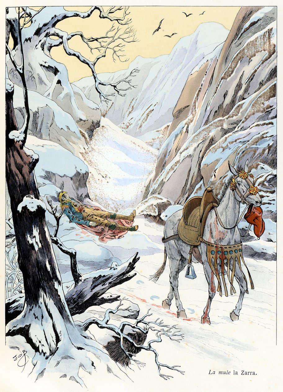 Kuvitus kirjasta "A la gloire des betes" -teksti kirjoittaja A Fabre, piirustukset Jacques Marie Gaston Onfray de Breville dit JOB (1858-1931), kustantaja Maison Alfred Mame ja poika: La mule 