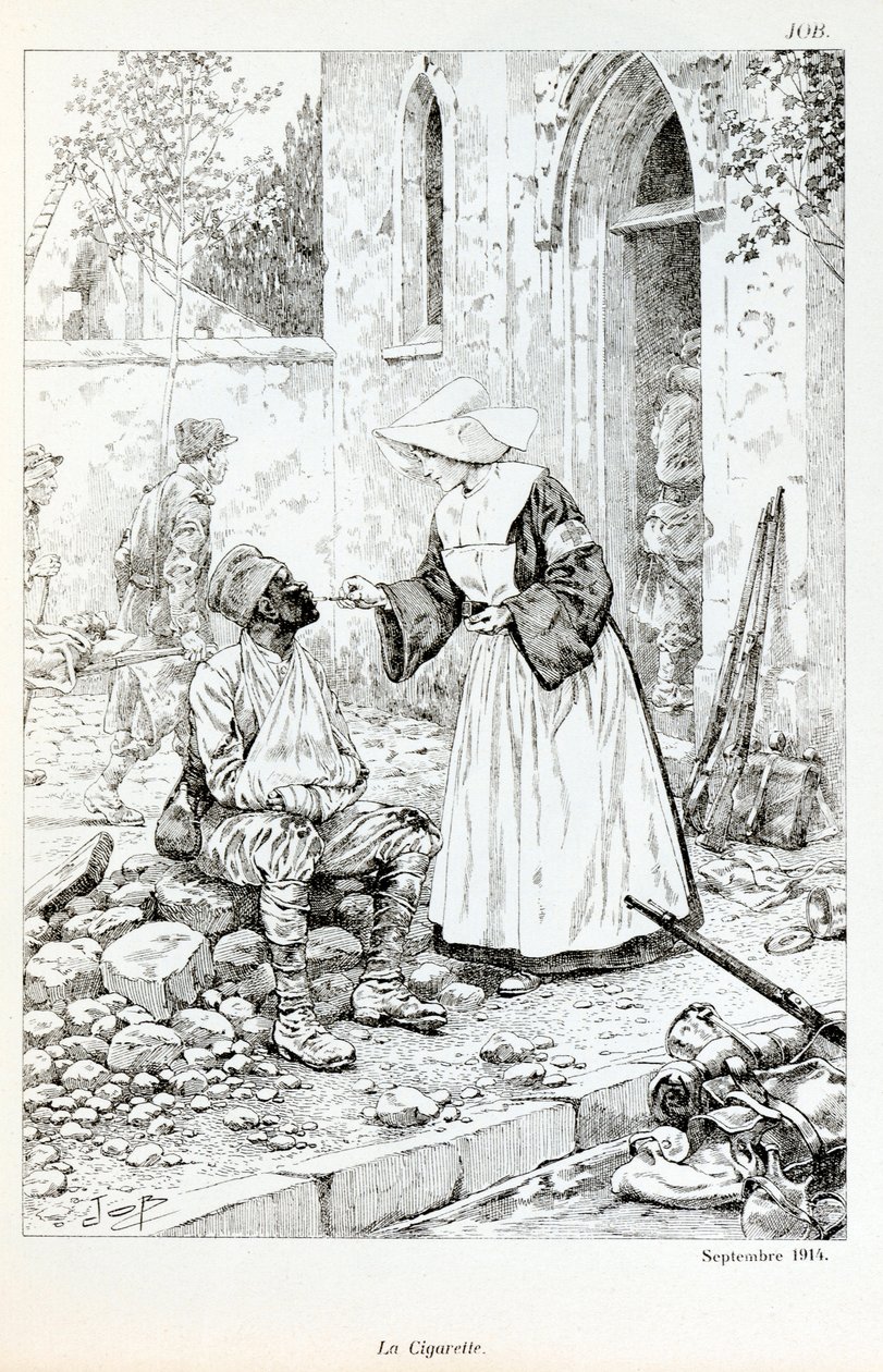 Kuvitus kirjasta "La Grande Guerre par les artistes": "" La cigarette Septembre 1914""" uskonnollinen, joka antaa savukkeen haavoittuneelle sotilaalle, Jacques Marie Gaston Onfray de Breville dit JOB (1858-1931), Osittainen kokoelma tekijältä pseudonym for Onfray de Breville Jacques Job
