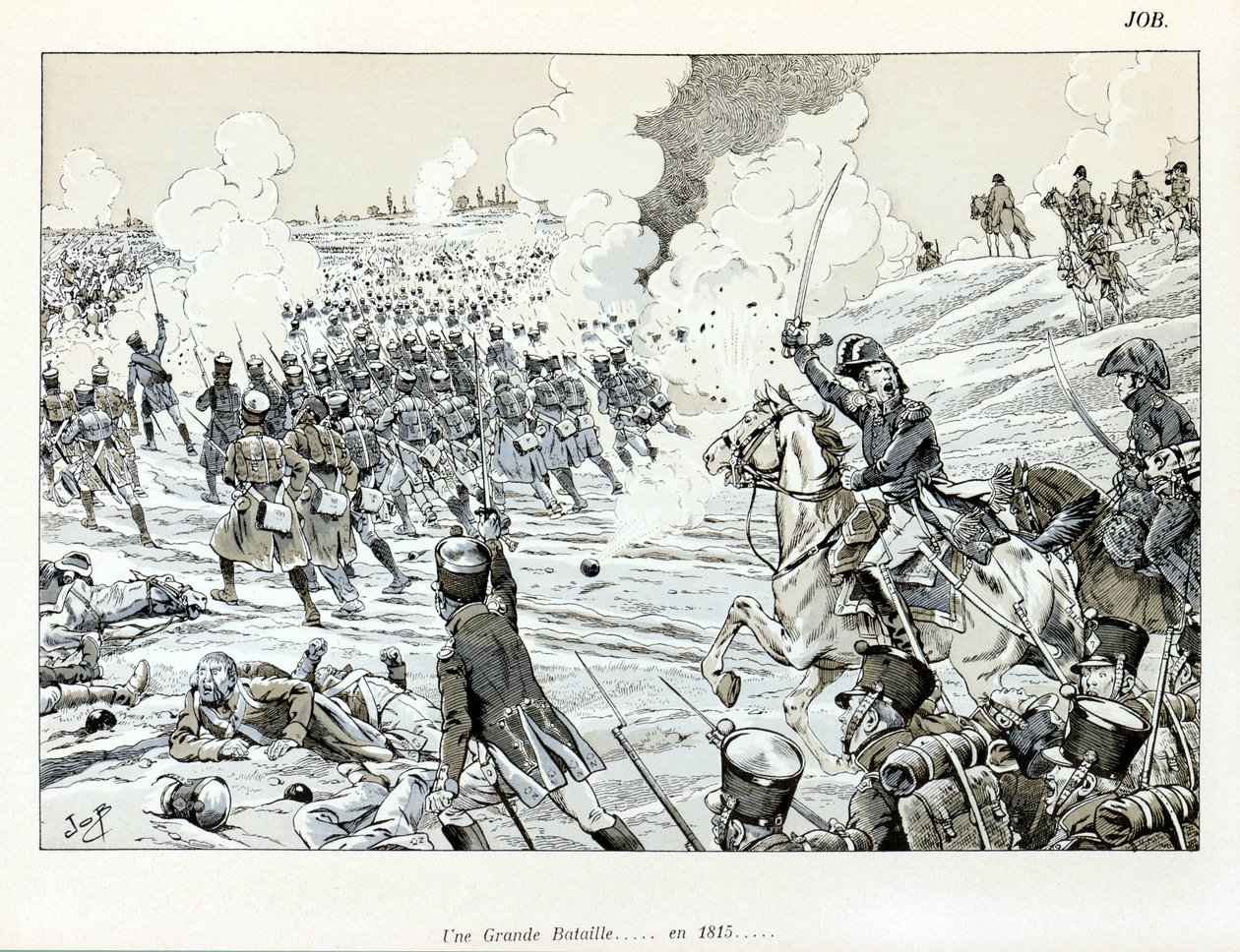 Kuvitus kirjasta "The Great War by Artists": Suuri taistelu vuonna 1815, Jacques Marie Gaston Onfray de Breville dit JOB (1858-1931), Osittainen kokoelma tekijältä pseudonym for Onfray de Breville Jacques Job