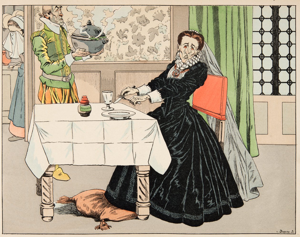 Kuvitus kirjasta "Le bon roy Henri", kuvittanut Jacques Marie Gaston Onfray de Breville dit JOB (1858-1931): Äiti söi lapsensa Pariisin piirityksen aikana - Yksityinen kokoelma tekijältä pseudonym for Onfray de Breville Jacques Job