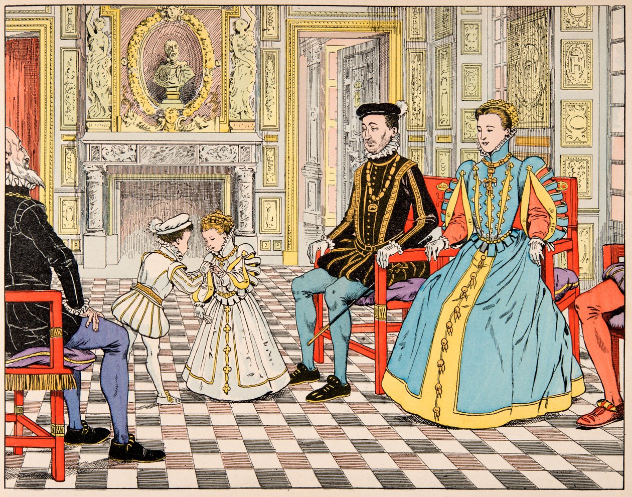 Kuvitus kirjasta "Le bon roy Henri", kuvittanut Jacques Marie Gaston Onfray de Breville dit JOB (1858-1931): Antoine de Bourbon vei hänet Pariisiin ja esitti hänet serkkulleen Henri II:lle, joka tarjosi hänelle hänen kätensä. tytär Marguerite de tekijältä pseudonym for Onfray de Breville Jacques Job