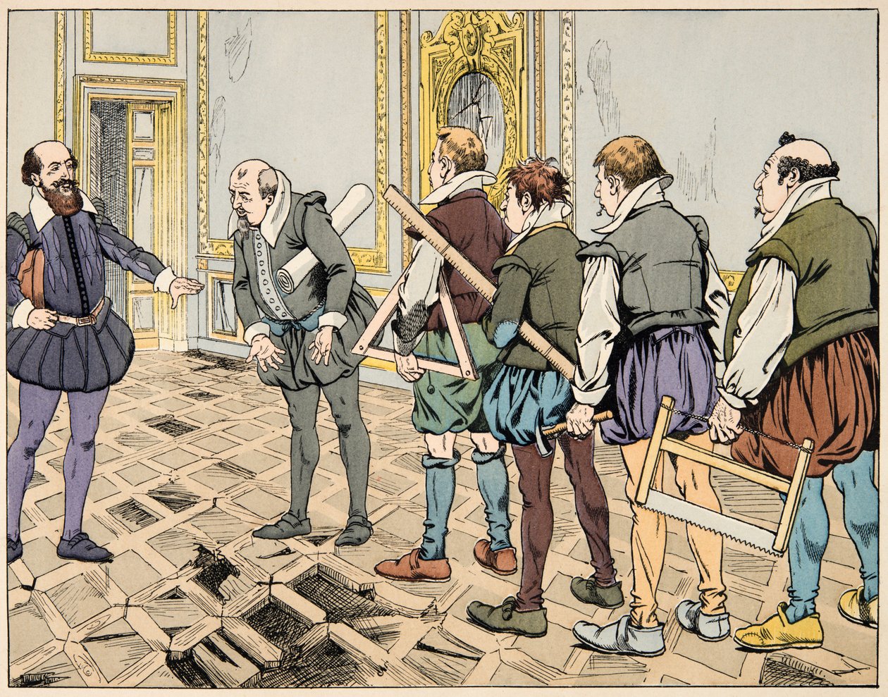 Kuvitus kirjasta "Le bon roy Henri", kuvittanut Jacques Marie Gaston Onfray de Breville dit JOB (1858-1931): Sully (Maximilian de Bethune) näyttää ankaran talouden - Yksityinen kokoelma tekijältä pseudonym for Onfray de Breville Jacques Job