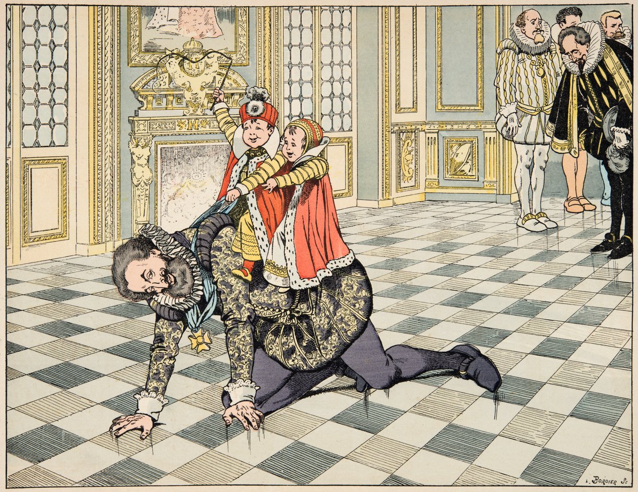 Kuvitus kirjasta "Le bon roy Henri", kuvittanut Jacques Marie Gaston Onfray de Breville dit JOB (1858-1931): Espanjan suurlähettilään edessä Henri IV leikkii lastensa kanssa - Yksityinen kokoelma tekijältä pseudonym for Onfray de Breville Jacques Job