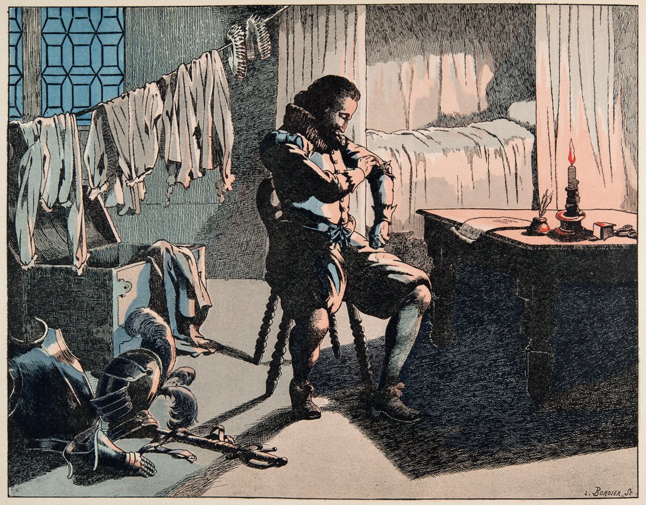 Kuvitus kirjasta "" Le bon roy Henri"", kuvittanut Jacques Marie Gaston Onfray de Breville dit JOB (1858-1931): Vuonna 1589 Henristä tuli Ranskan kuningas, mutta ilman rahaa - Yksityinen kokoelma tekijältä pseudonym for Onfray de Breville Jacques Job