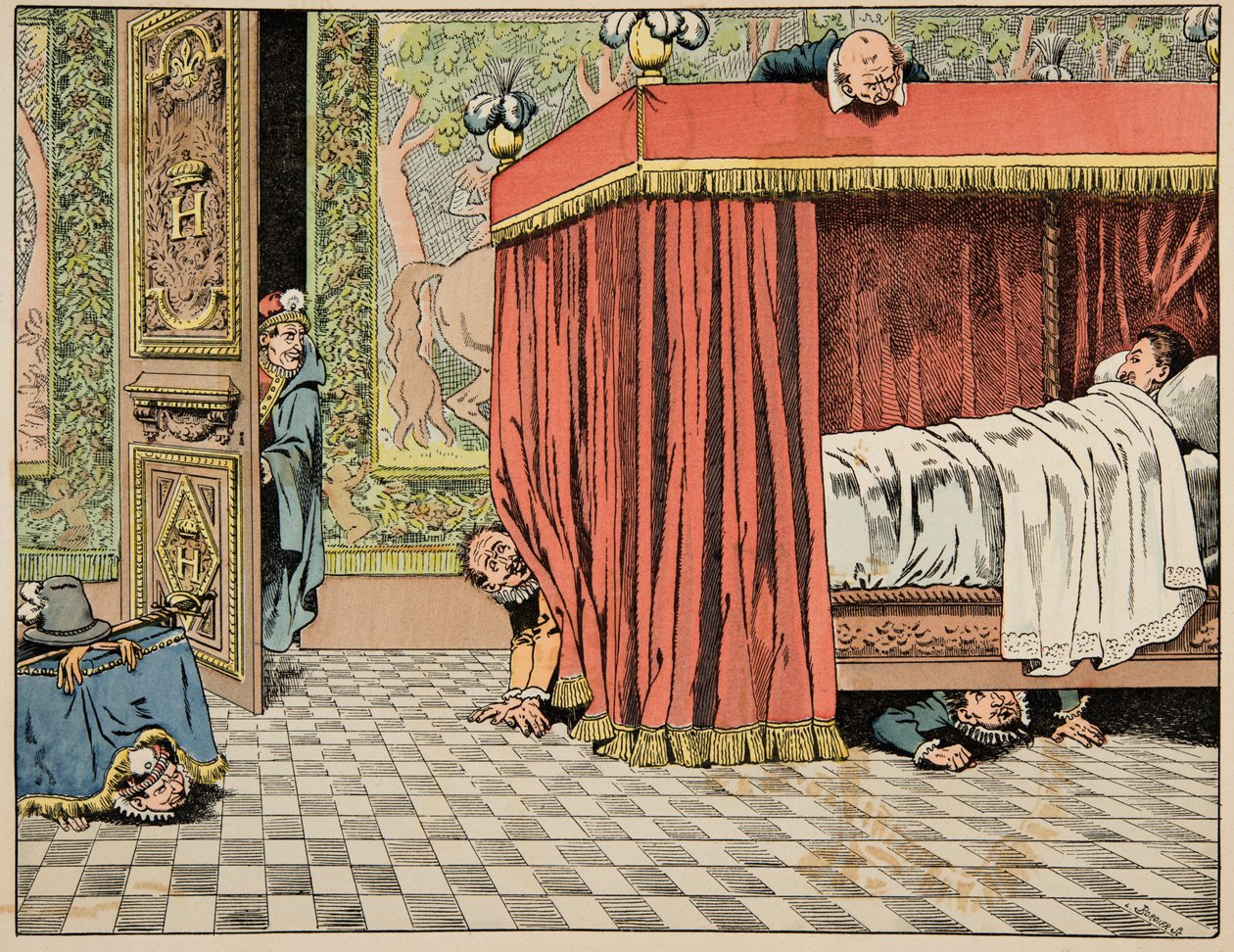 Kuvitus kirjasta "Le bon roy Henri", kuvittanut Jacques Marie Gaston Onfray de Breville dit JOB (1858-1931): Henri IV asuu Pariisissa vakoojien silmän alla - Yksityiskokoelma tekijältä pseudonym for Onfray de Breville Jacques Job