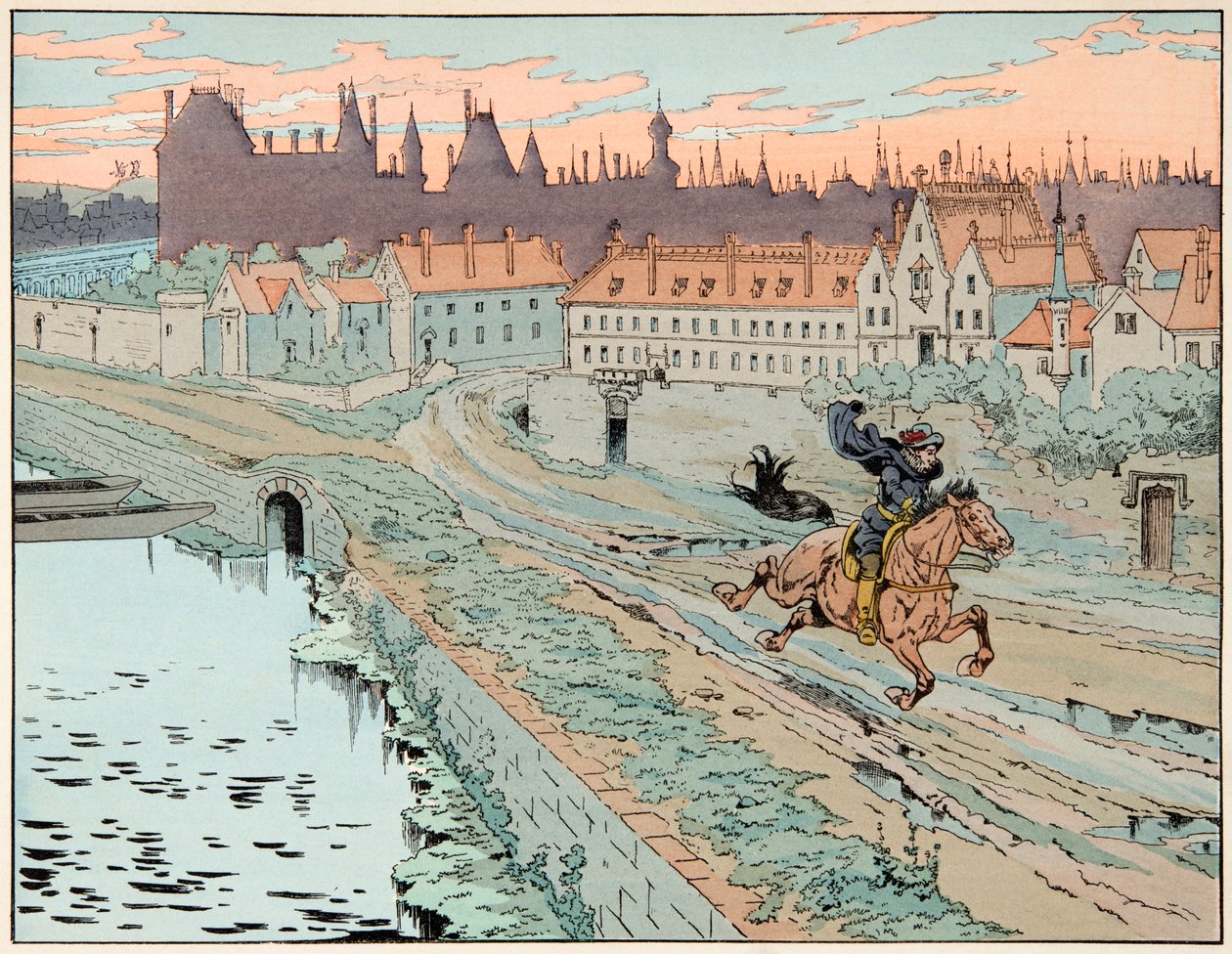 Kuva otettu kirjasta "" Le bon roy Henri", kuvittanut Jacques Marie Gaston Onfray de Breville dit JOB (1858-1931): Vuonna 1575 Henri IV pakeni Pariisista - Yksityinen kokoelma tekijältä pseudonym for Onfray de Breville Jacques Job