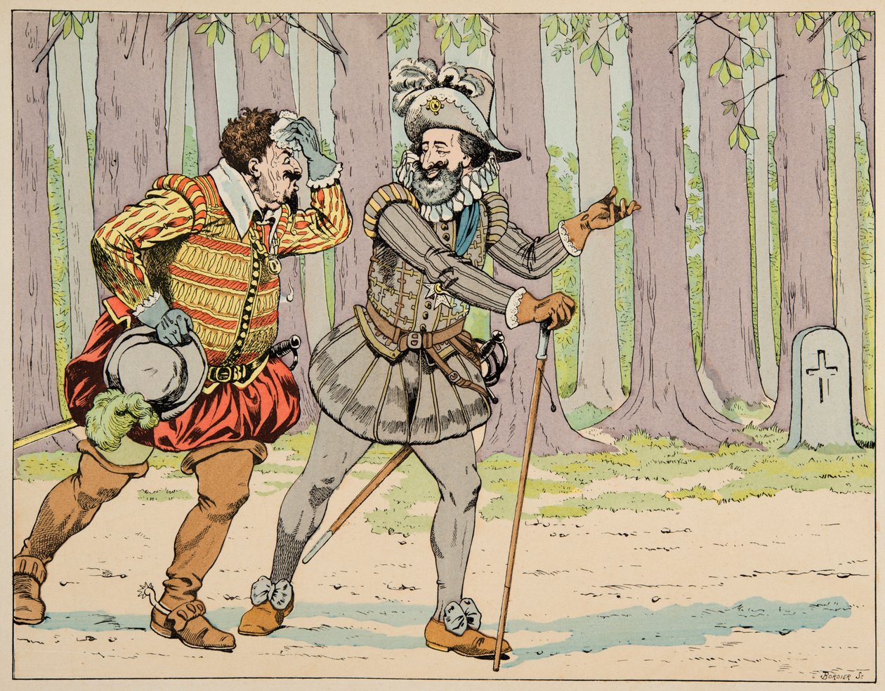 Kuvitus kirjasta "" Le bon roy Henri"", kuvittanut Jacques Marie Gaston Onfray de Breville dit JOB (1858-1931): Henri IV myöntää armahduksen Mayennen herttua Charles de Lorrainelle (1554-1611) pakotettuaan hänet pieneen harjoitteluun - Priva tekijältä pseudonym for Onfray de Breville Jacques Job