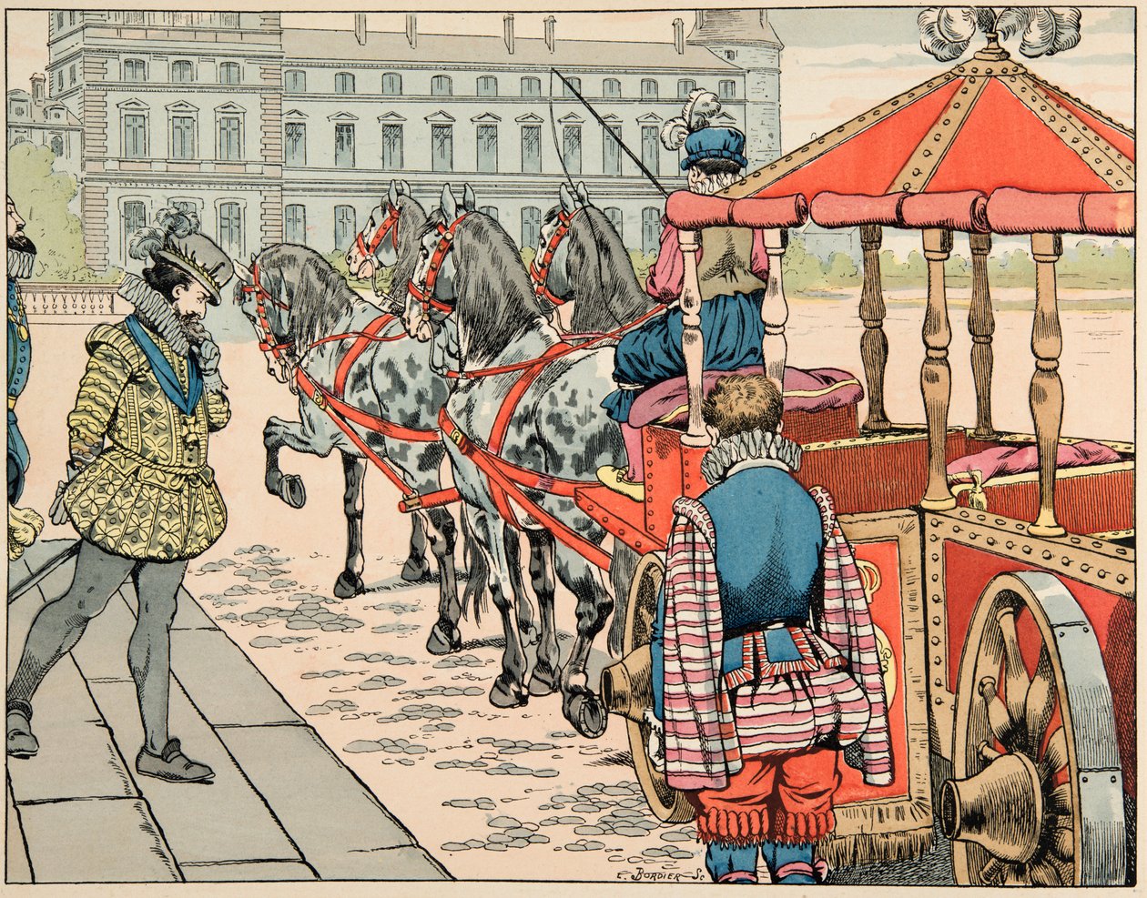 Kuva otettu kirjasta "" Le bon roy Henri"", kuvittanut Jacques Marie Gaston Onfray de Breville dit JOB (1858-1931): 14. toukokuuta 1610 Henri IV aikoo ratsastaa peittämättömässä vaunussaan - Yksityinen kokoelma tekijältä pseudonym for Onfray de Breville Jacques Job