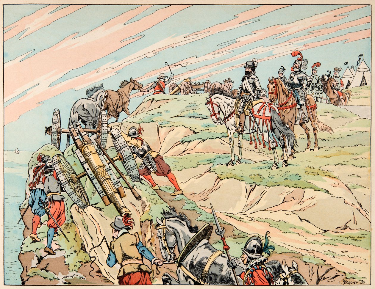 Kuva otettu kirjasta "" Le bon roy Henri"", kuvittanut Jacques Marie Gaston Onfray de Breville dit JOB (1858-1931): sodassa käyvä Henri IV perusti leirinsä tykistönsä kanssa Dieppen lähelle - Yksityinen kokoelma tekijältä pseudonym for Onfray de Breville Jacques Job