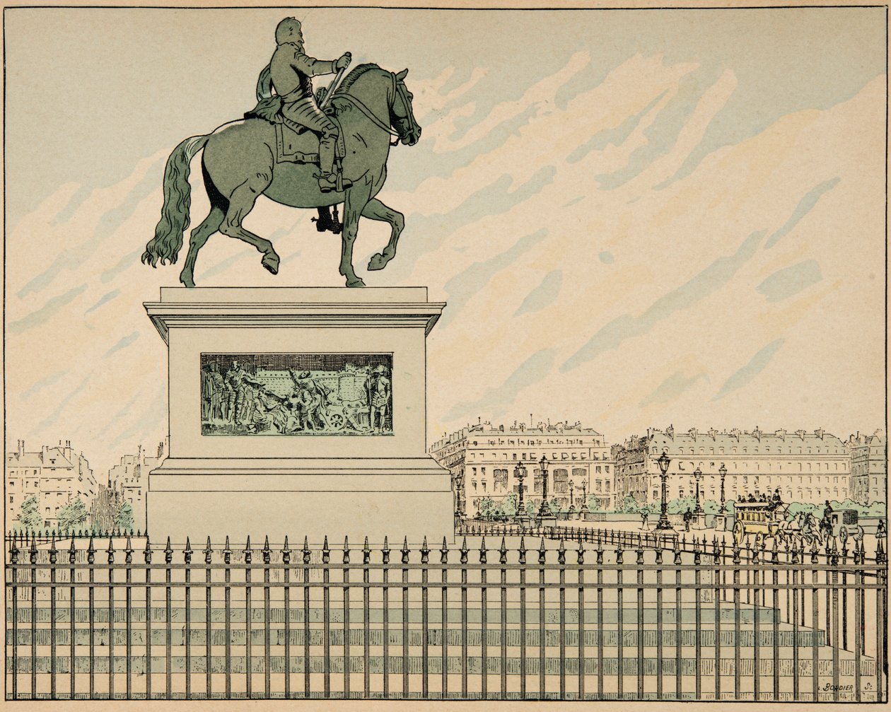 Kuvitus kirjasta "" Le bon roy Henri"", kuvittanut Jacques Marie Gaston Onfray de Breville dit JOB (1858-1931): Patsas erige Henri IV:n muistoksi - Yksityinen kokoelma tekijältä pseudonym for Onfray de Breville Jacques Job