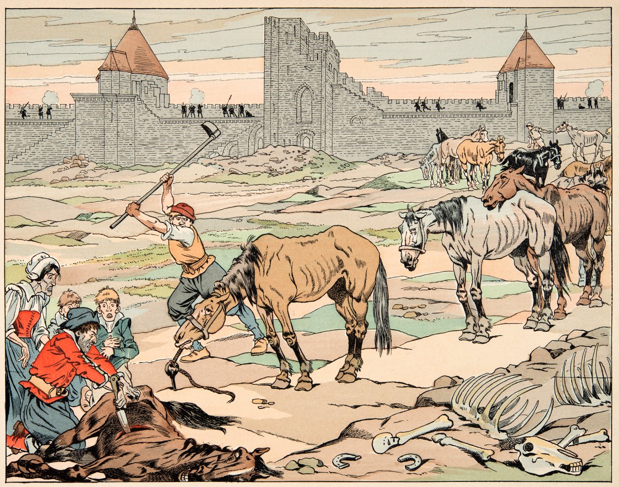 Kuvitus kirjasta "" Le bon roy Henri", kuvittanut Jacques Marie Gaston Onfray de Breville dit JOB (1858-1931): Pariisilaiset teurastavat nälkäisiä hevosia - Yksityinen kokoelma tekijältä pseudonym for Onfray de Breville Jacques Job