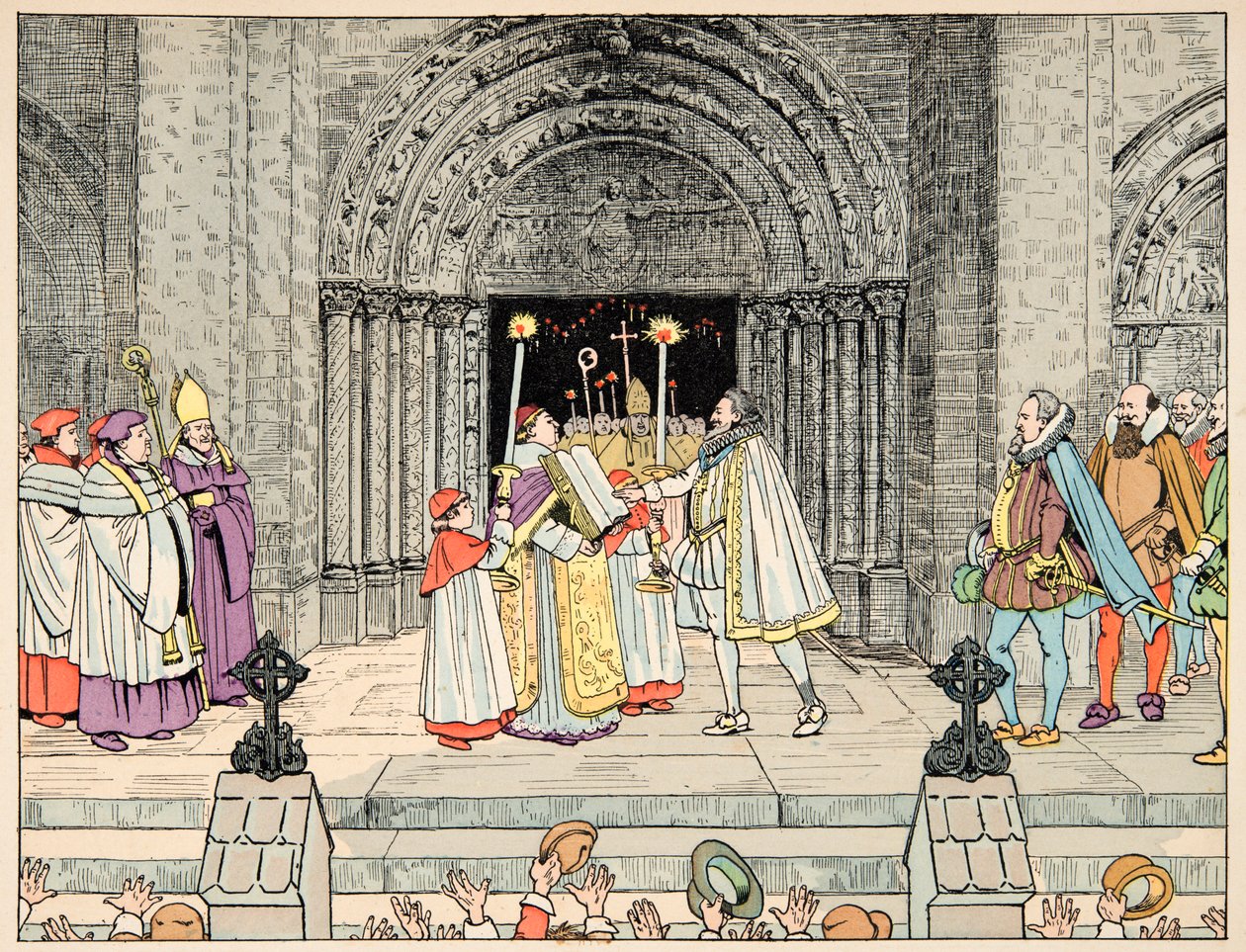 Kuva otettu kirjasta "Le bon roy Henri", kuvittanut Jacques Marie Gaston Onfray de Breville dit JOB (1858-1931): Henri IV, Basilica Saint Denis hylkää uskontonsa ja käännynnäiset - Yksityinen kokoelma tekijältä pseudonym for Onfray de Breville Jacques Job