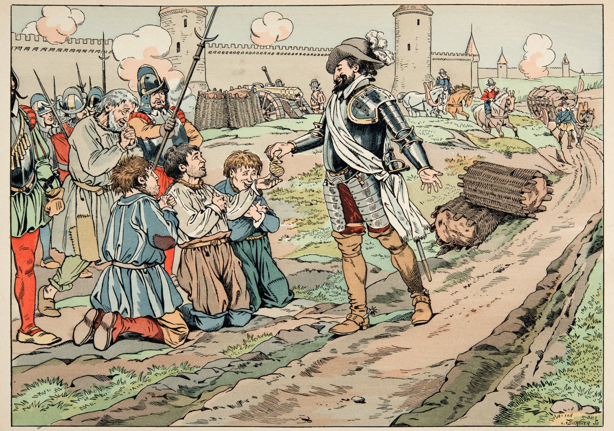 Kuva otettu kirjasta "Le bon roy Henri", kuvittanut Jacques Marie Gaston Onfray de Breville dit JOB (1858-1931): Henri IV antaa rahaa ja vapauttaa talonpojat, jotka yrittivät tuoda ruokaa Pariisiin - Yksityinen kokoelma tekijältä pseudonym for Onfray de Breville Jacques Job