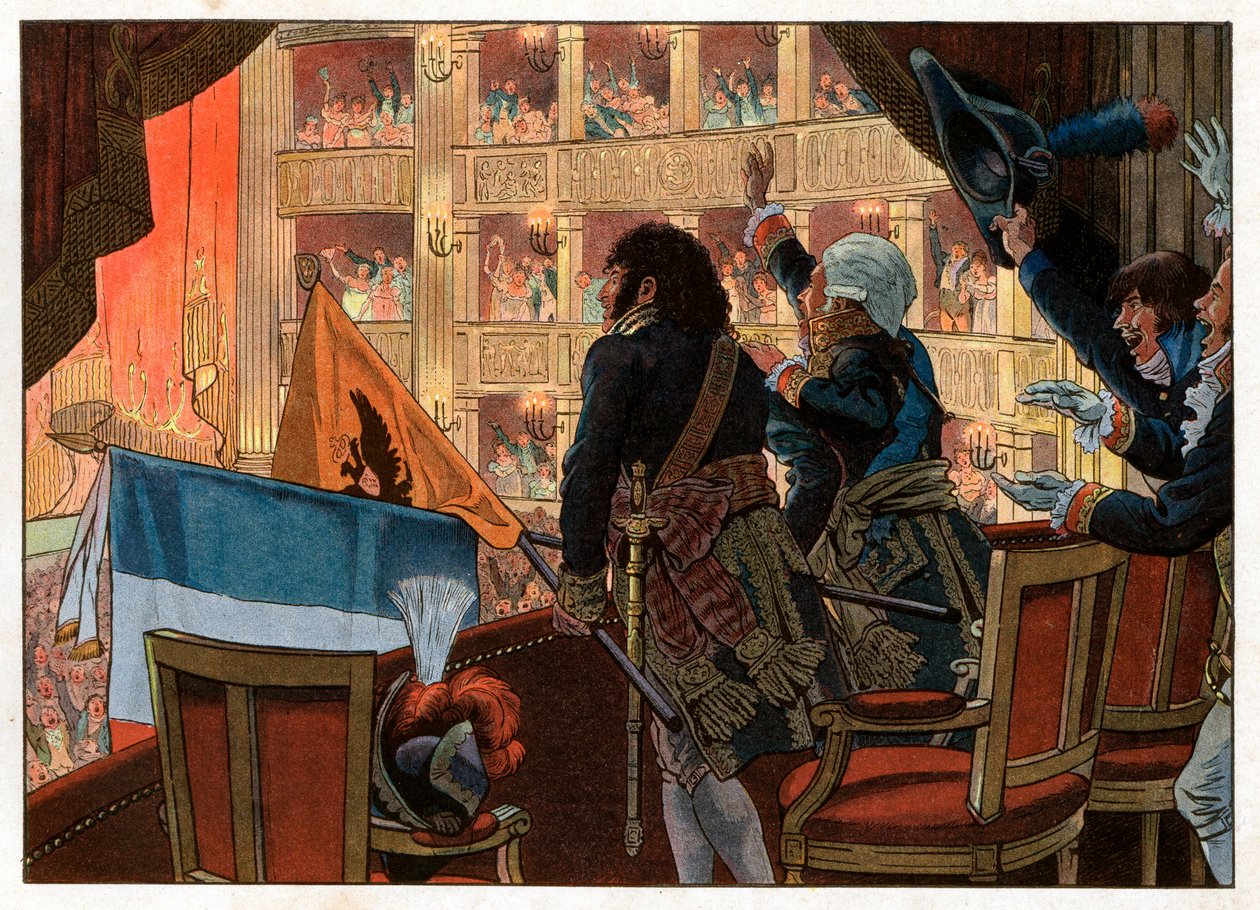 Firenzessä teatterisalissa Joachim Murat (1767-1815) ja Venäjän suurlähettiläs yhdistävät lippunsa nykyajan suurimmalla ilolla. Kaiverrus Jacques Marie Gaston Onfray de Breville dit Job (1858-1931) tekijältä pseudonym for Onfray de Breville Jacques Job