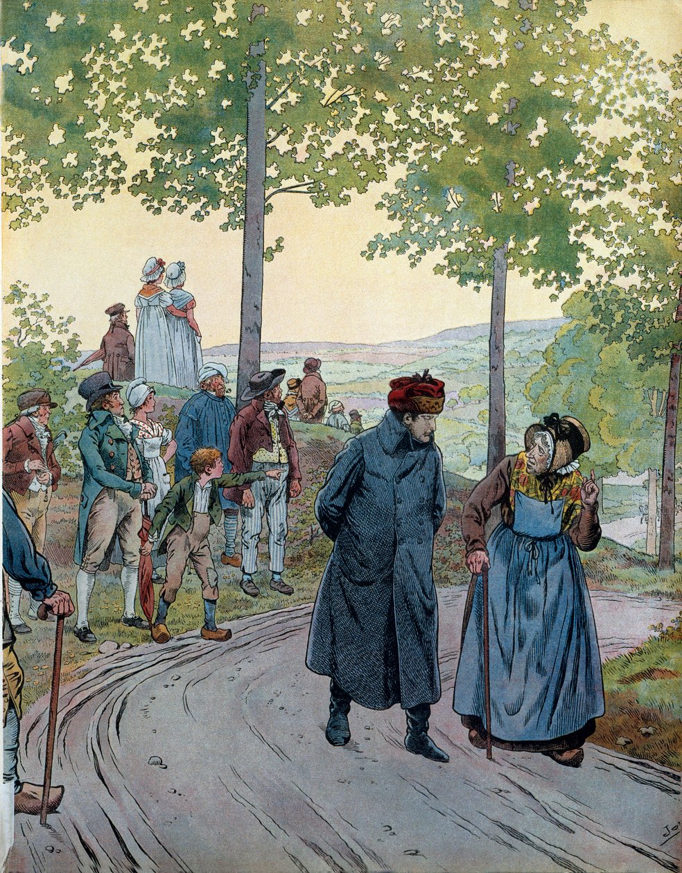 Tararessa keisari Napoleon I Bonaparte (1769-1821) kääntyy vanhan kunnon miehen kanssa, joka ei arvannut keisaria, tässä porvarillisessa puvussa matkustajan hatussa kysyen häneltä, mitä hyötyä oli vaihtamisesta Capetin ja Napoleonin välillä. vastasi hänell tekijältä pseudonym for Onfray de Breville Jacques Job