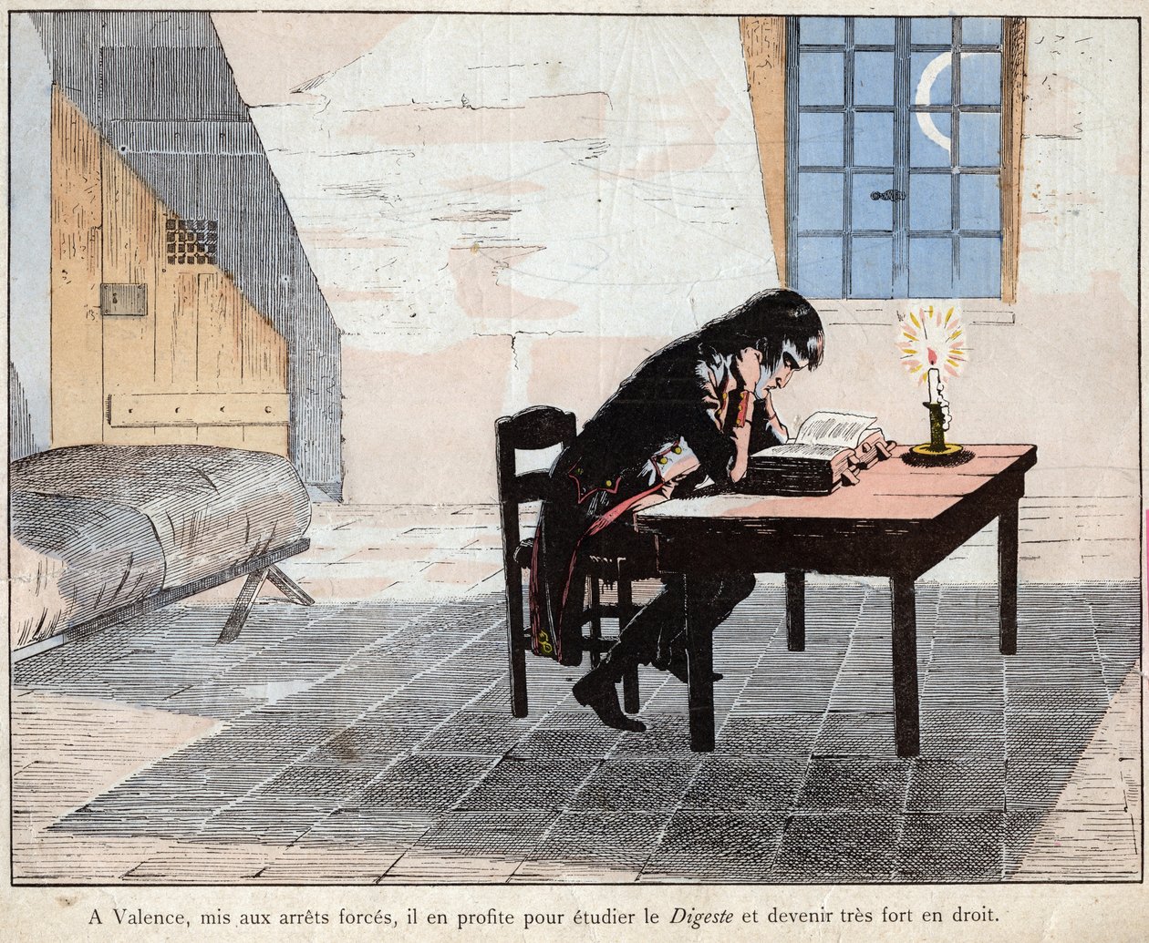 Valenciassa (vankilassa) Napoleon käyttää sitä hyväkseen opiskellakseen Digestiä ja tullakseen erittäin vahvaksi laissa - Napoleon luki Digesteen ja vahvisti lain tuntemustaan - Jobin (Jacques Onfroy de Breville) litografia "" Le Grand Napoleon des Petites tekijältä pseudonym for Onfray de Breville Jacques Job