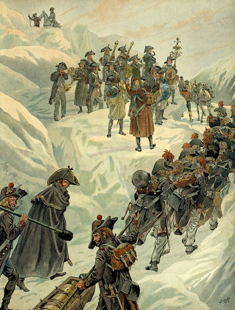 Italian kampanja (1799-1800): Napoleon I Bonaparten (1769-1821) armeija kulki Saint Bernardin solan Alpeille 20. toukokuuta 1800. Kuvitus: Jacques Marie Gaston Onfray de Breville dit JOB (1858-1931). Yksityinen kokoelma tekijältä pseudonym for Onfray de Breville Jacques Job