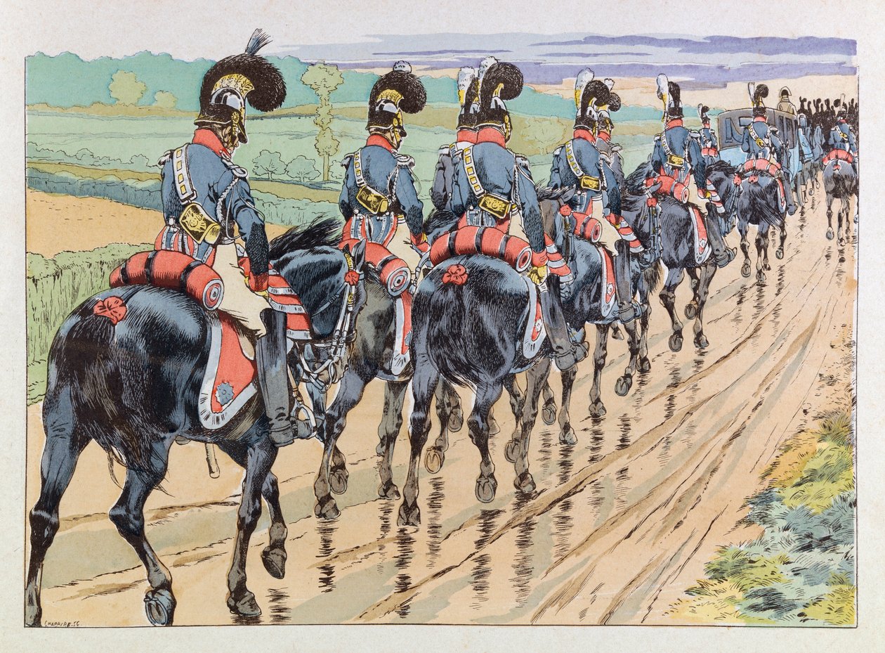 Jacques Marie Gaston Onfray de Breville nimeltä JOB (1858 - 1931); Kuvitus kirjasta "" Les epees de France"": Imperiale saattaja Napoleonin mukana; Kerää, jaa tekijältä pseudonym for Onfray de Breville Jacques Job