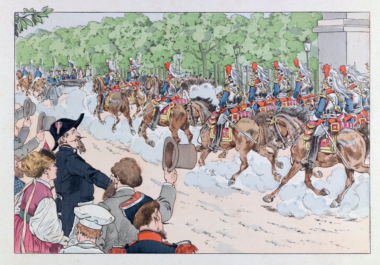 Jacques Marie Gaston Onfray de Brevillen TYÖSSÄ (1858 - 1931); Kuvitus kirjasta "Les epees de France": Keisari Napoleonin saattaja 3 Champs Elysees