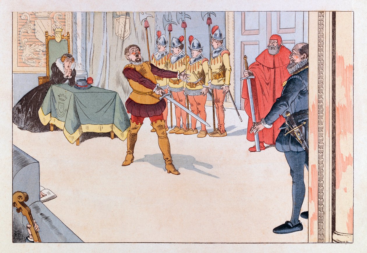 Jacques Marie Gaston Onfray de Breville nimeltä JOB (1858 - 1931); Kuvitus kirjasta "Les epees de France": Piece de theatre au 19th century; Kerää, jaa tekijältä pseudonym for Onfray de Breville Jacques Job
